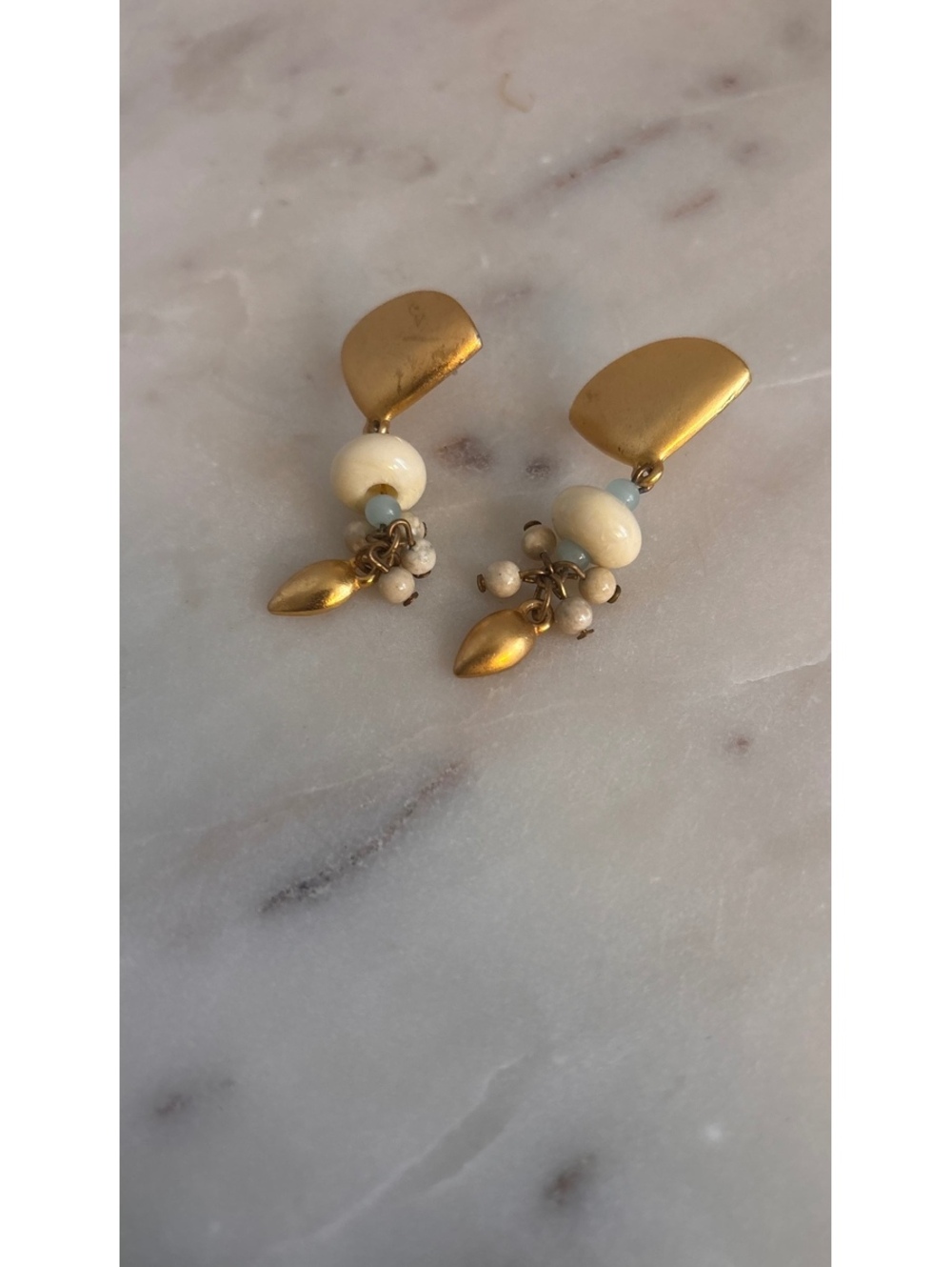 Vintage Monet Signed Gold Fan & Multi-Bead Dangle Post Earrings